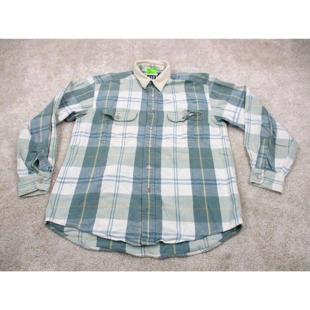 VINTAGE Gap Shirt Mens Medium Green Plaid Flannel Corduroy Collar Button Up 90s*